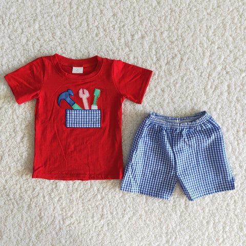 Boy Embroidery Tools Plaid Short Outfit
