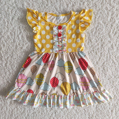 Girl Yellow Dot Hot Air Balloon Fultter Sleeve Dresses