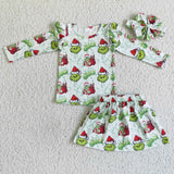 Christmas Skirt Outfit Green Screen Monster Print Long Sleeve Dress