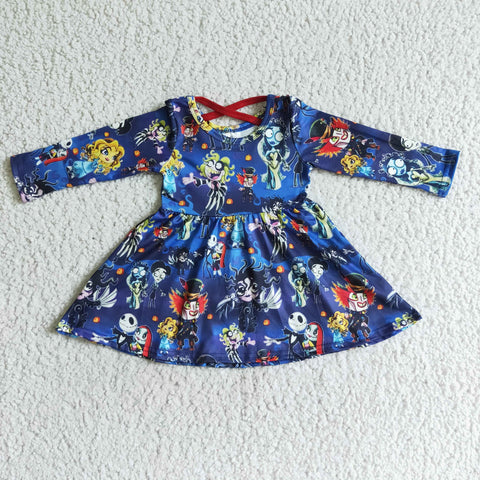 Halloween Girl Screen Print Baby Girls Blue Twirl Dress