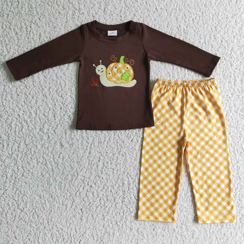 Brown Snails Pumpkin Embroidery Shirt Plaid Pants Kids Fall Clothing