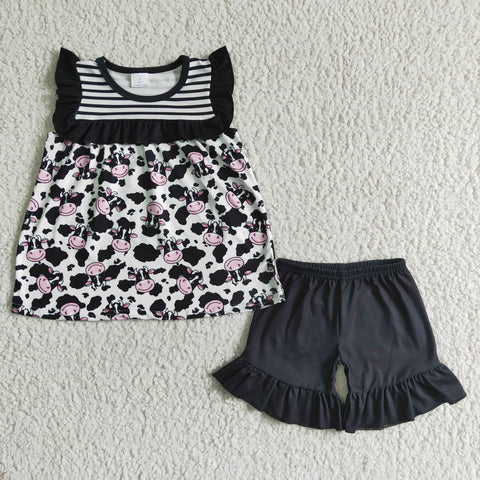 Black Striped Lace Cow Print Sleeveless Shorts Outfit