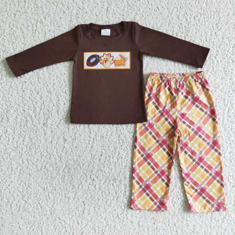 Boy Thanksgiving Turkey Embroidery Brown Long Sleeve Orange Plaid Long Pants Outfit