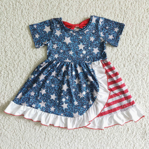 Short Sleeve Cute Print Baby Girls Star Print 4th Of July Dresses