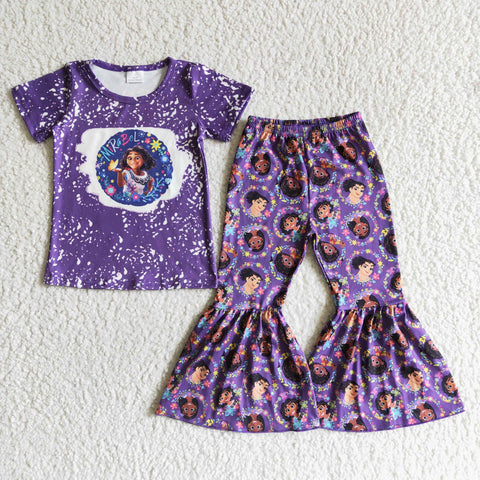 Purple Screen Girl Short Sleeve Shirt Bell Bottom Pants Outfit