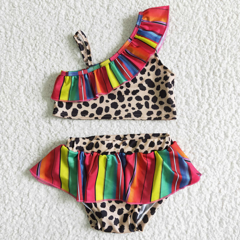 Girl Rainbow Stripe Ruffles Leopard 2 Pieces Swimsuits