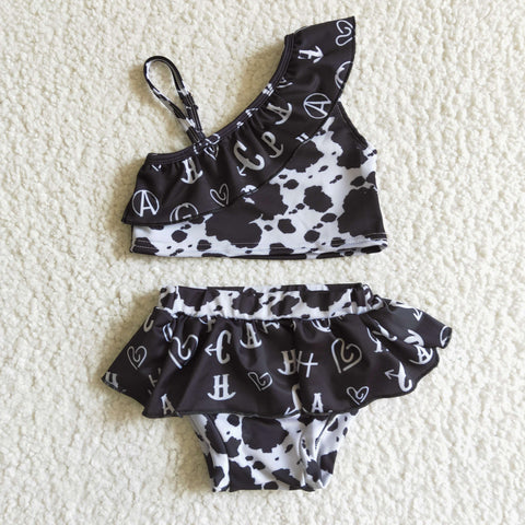 Letters Cow Print Baby Girls Ruffle 2 Pieces Swimsuits
