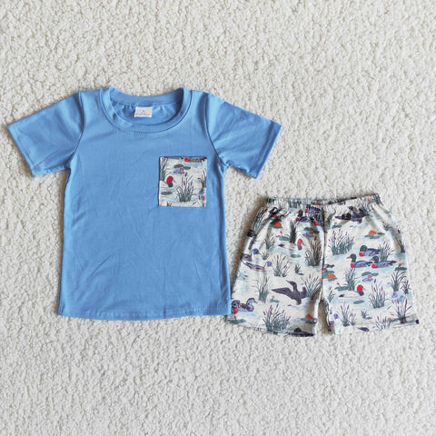 Blue Baby Boy Summer Duck Outfits With Pocket