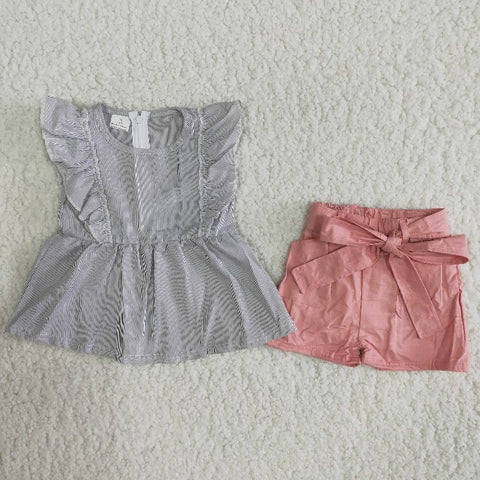 Girl Grey Striped Pink Shorts Outfit