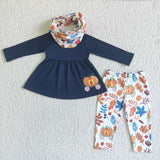 Fall Pumpkin Cart Print Navy Long Sleeve Shirt Pants Girls Outfit