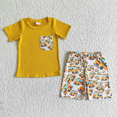 Boy Yellow School Bus Back To School Short Sleeve Shorts Outfit