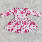 Girl Pink Roses Heart Long Sleeve Twirl Dress