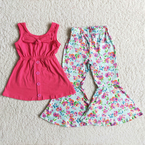 Girl Fuchsia Sleeveless Floral Pant Outfit