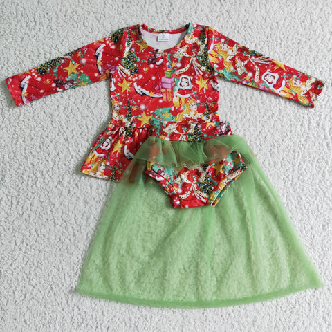 Baby Princess Print Red Long Sleeve Tunic Shirt Green Tulle Skirt Baby Bummies Outfit