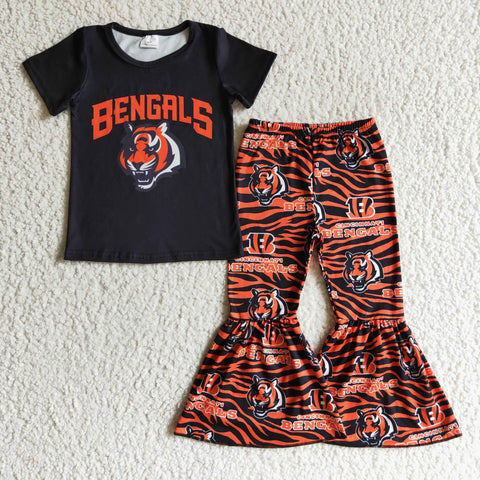 Girl Black Tiger Print Short Sleeve Shirt Outfit