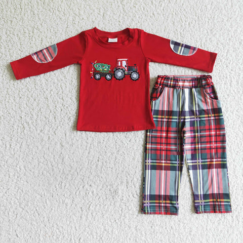 Boy Clothes Car Embroidery Red Long Sleeve Plaid Long Pants Outfit