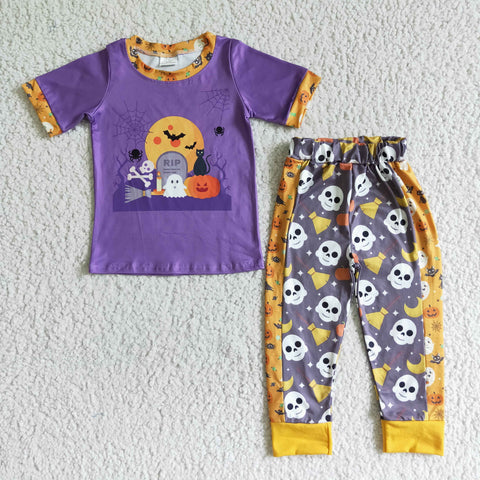 Halloween Boys Clothing Purple Pumpkin Print Short Sleeve Long Pants Outfit