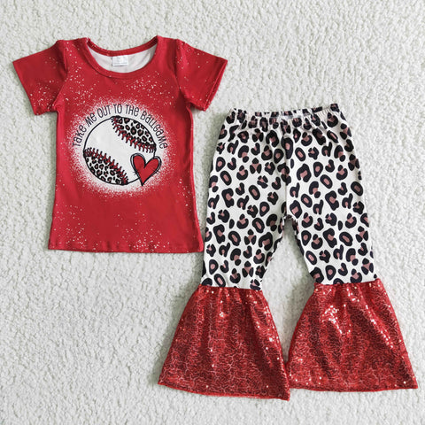 GSPO0011 Take Me Out To The Ballgame Red Shirt Leopard Sequin Pants Girls Baseball Clothes-promotion 2024.6.15