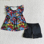 A11-11 Flutter Sleeve Shirt Black Icing Ruffle Shorts Girls Outfit-promotion 2024.2.5