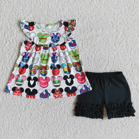 A11-16 Cartoon print kids black ruffle shorts set-promotion 2024.2.5