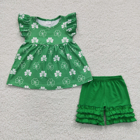 Spring green clover girls ruffle shorts set