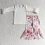 Pink Vest White Long Sleeve Shirt Pink Flower Bell Bottom Pants Girls Outfit