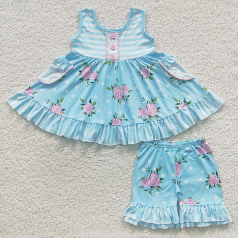 Girl Blue Sleeveless Pockets Floral Short Outfit