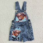 High Quality Highland Cow Denim Shorts Girls Summer Overalls