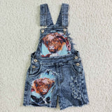 High Quality Highland Cow Denim Shorts Girls Summer Overalls