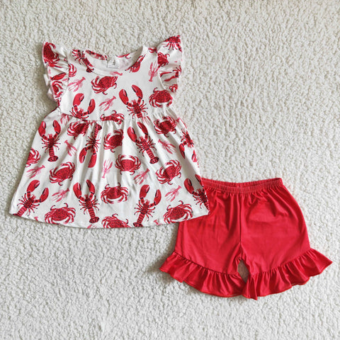 C0-27 Girl Summer Crawfish Crab Print Flutter Sleeve Red Shorts Outfits-promotion 2024.3.30