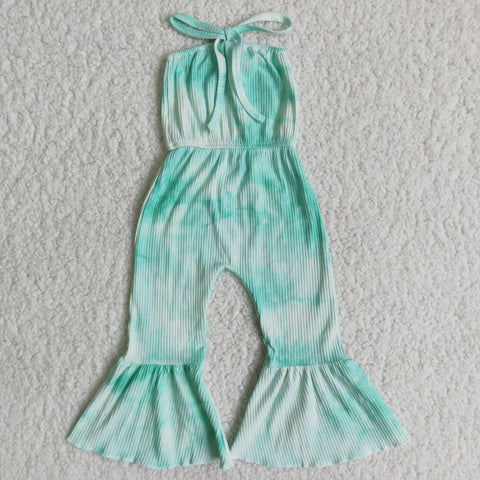 Cotton green & white strap kids girl jumpsuit