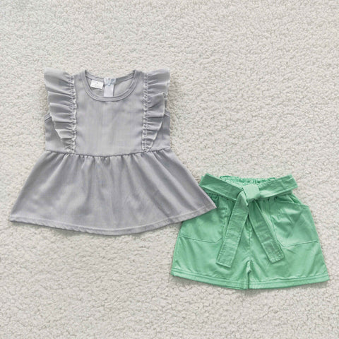 Girl Grey Striped Green Shorts Outfit