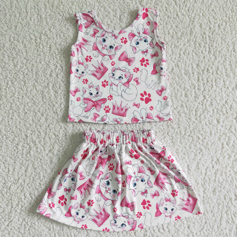 Summer Fashion Girls Pink Cat Bow Short Sleeve Skirt Outfits