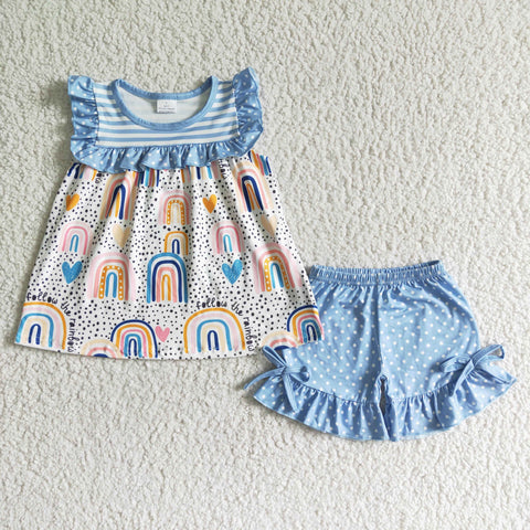 Flutter Sleeve Blue Stripe Rainbow Shirt Ruffle Shorts With Bow Girls Summer Clothes