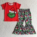 Christmas Girl Green Monster Print Shirt Bell Bottom Pants Outfit