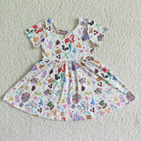 White Short Sleeve Cartoon Dresses