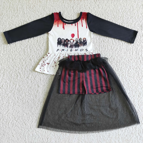 Halloween Balloon Print Tunic Shirt Strip Silk Lace Gauze Pants Outfit