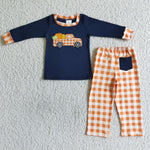 Boy Clothes Pumpkin Car Embroidery Orange Long Sleeve Long Plaid Pants Outfit