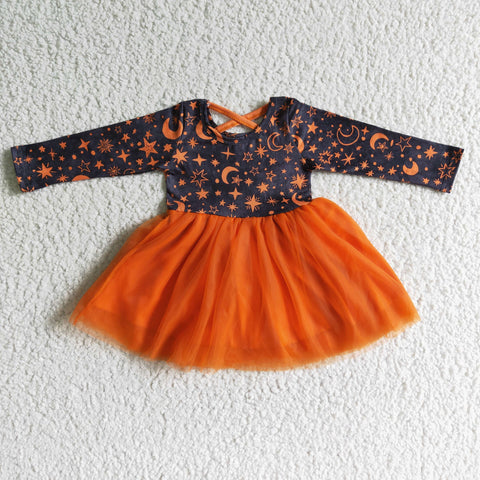 Halloween Orange Star Moon Print Baby Girls Long Sleeve Twirl Tulle Skirt