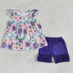 B17-27 Kids girl floral purple ruffle shorts set-promotion 2024.3.16