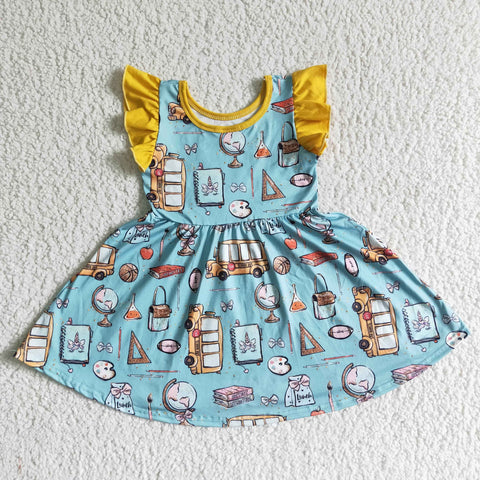 Yellow Fly-sleeves Blue Globe Print Dresses