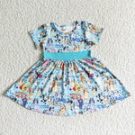 Girl Blue Cartoon Short Sleeve Twirl Dress