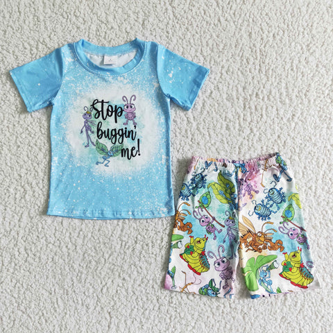 Blue Baby Boy Summer Letter Print Cartoon Short Sleeve Shirt Outfits