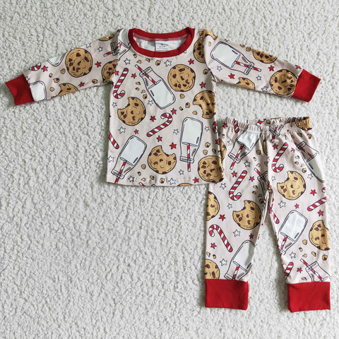 Boy Cute Milk Cookie Candy Print Long Sleeve Shirt Long Pants Pajamas Outfit