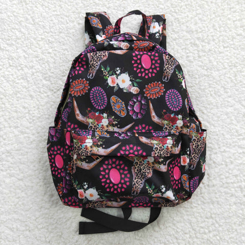 Cow pink gem floral children black backpack