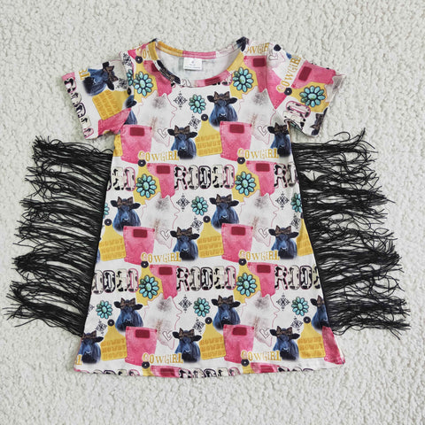 GSD0090 Short Sleeve Cow Letter Print Tassels Girls Dresses-promotion 2024.5.18