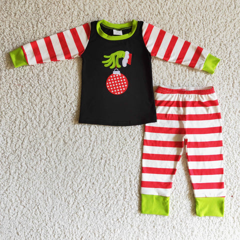 Green hand embroidery children's striped pajamas boys christmas outfits