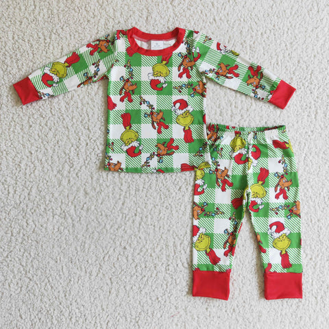Kids green checker clothing baby clothes sets christmas boys outfits