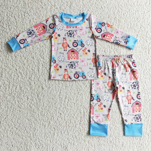 Blue animals children's pajamas toddler boys farm clothing outfits