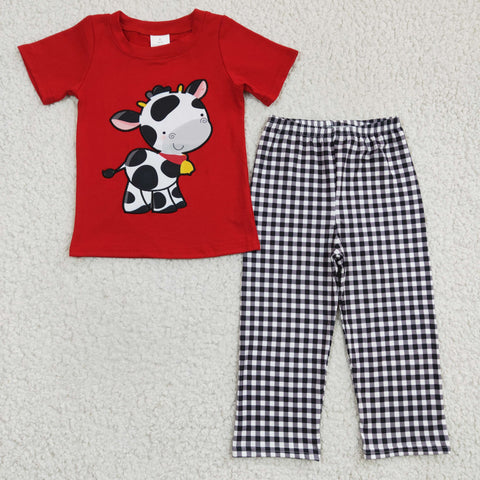 Cute cow boys red top+plaid pants set